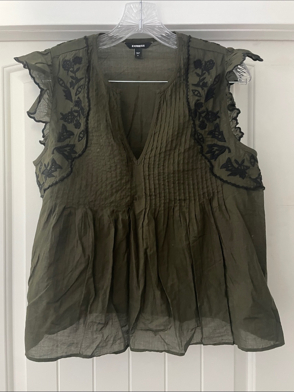 Express Olive Green Sleeveless V-Neck Embroidered Ruffle Top